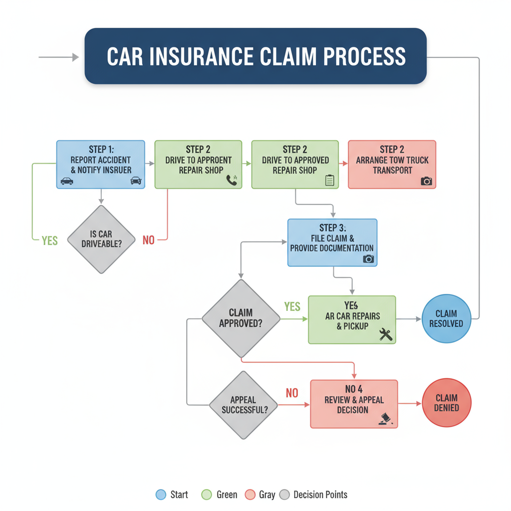 Tata AIG Car Insurance Review 2025 – Plans, Features, Pros & Cons 4 Step-by-step flowchart showing car insurance claim process stages