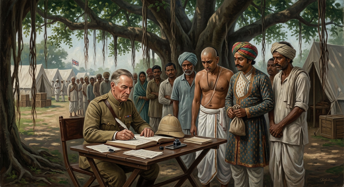 British colonial census officer recording Indian villagers in a ledger, 1871