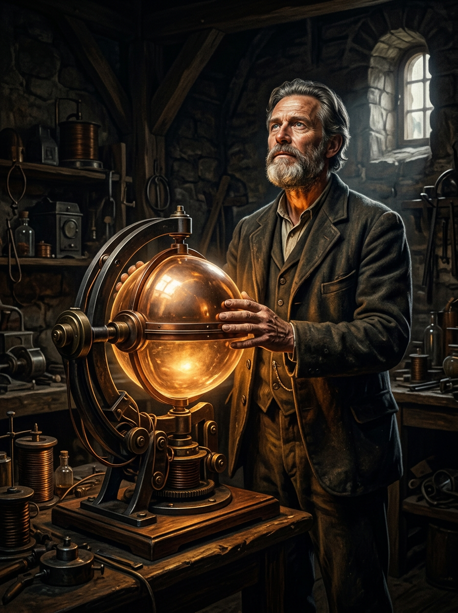 Karl Schappeller illustration — beside his Globus sphere device