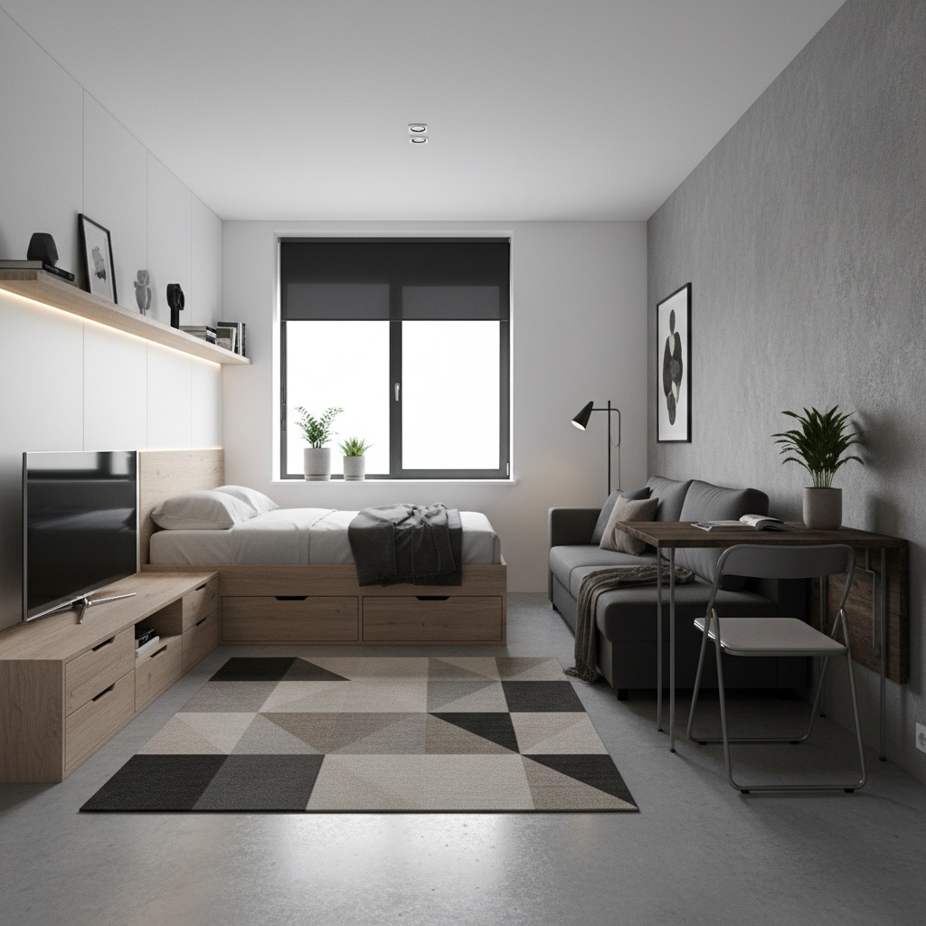 Departamento de soltero con muebles multifuncionales y diseño minimalista masculino
