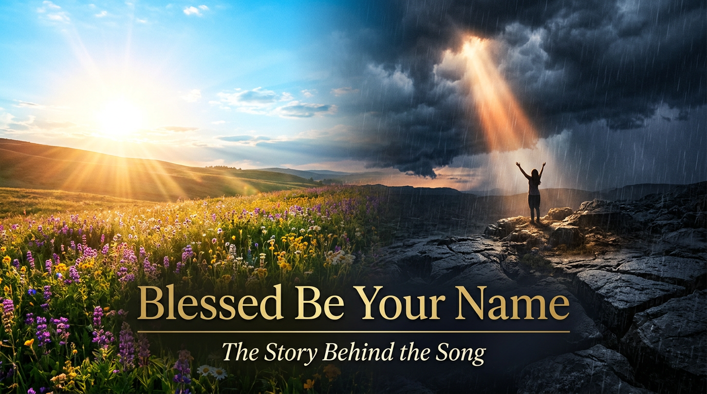 Blessed Be Your Name — a split scene of sunlit fields and a storm, with a worshipper's silhouette raised in praise — the story behind Matt Redman's worship anthem