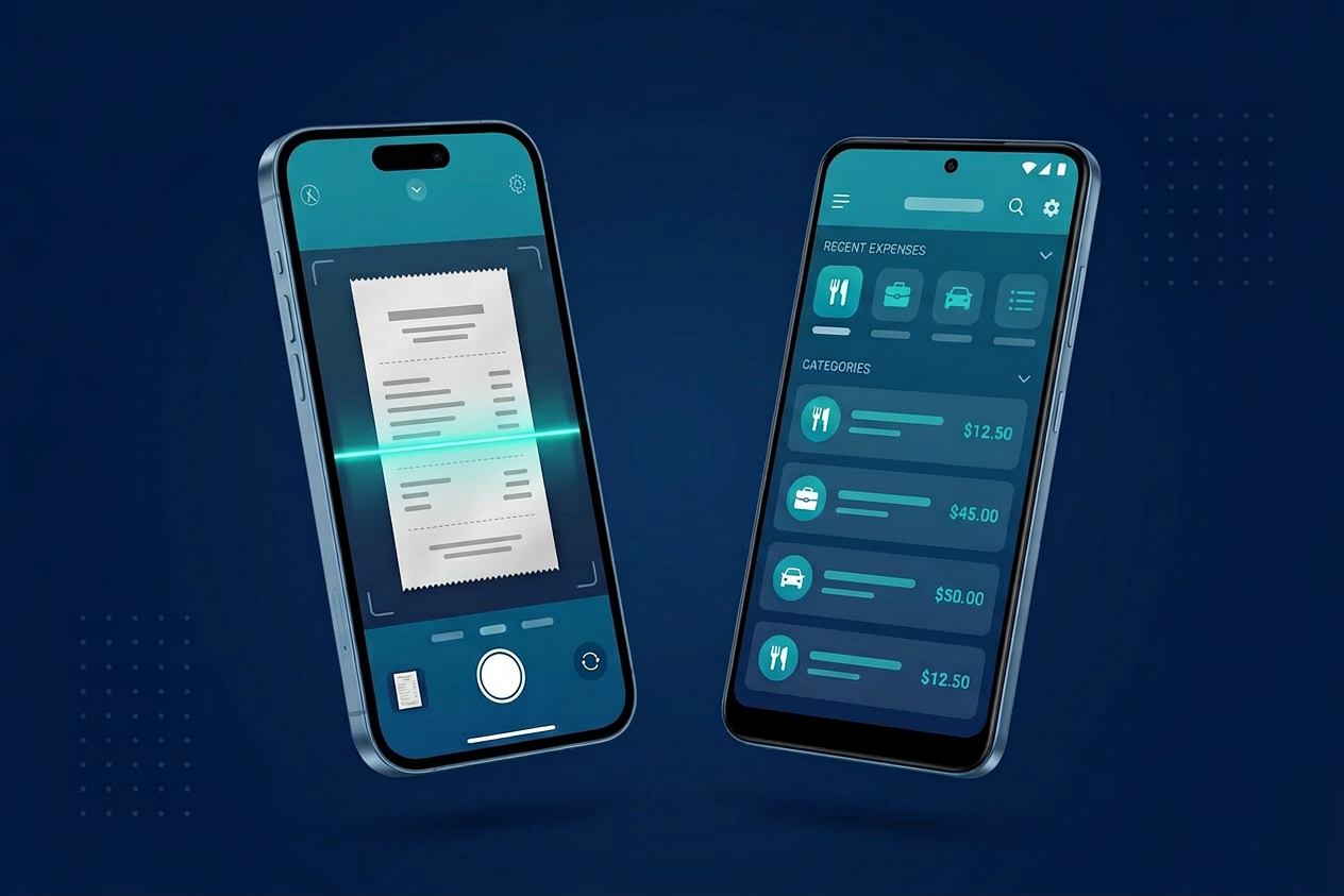 ReceiptStream iOS and Android apps showing receipt scanning and expense tracking