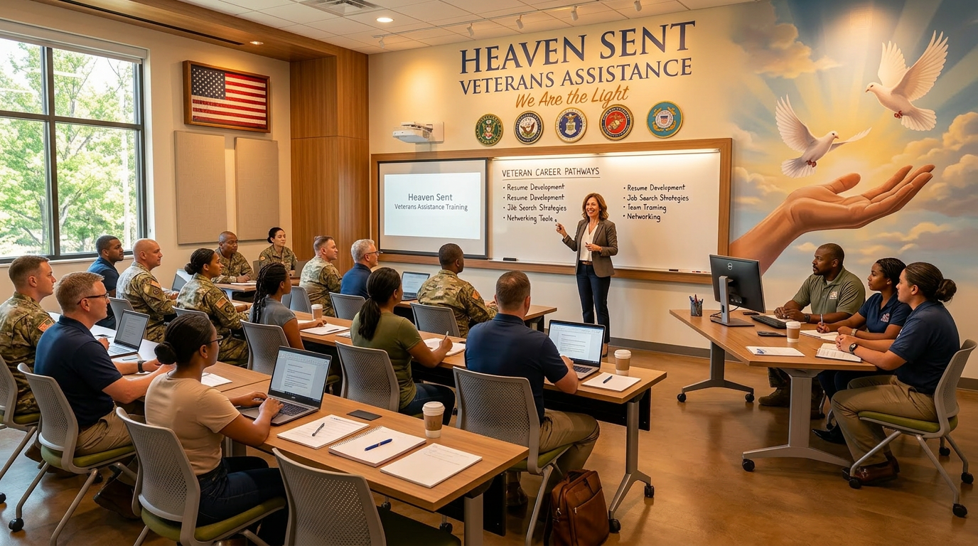 Adult classroom with teacher, students, desks, conference table, American flag, military medallions, and Heaven Sent Veterans Assistance branding on the wall