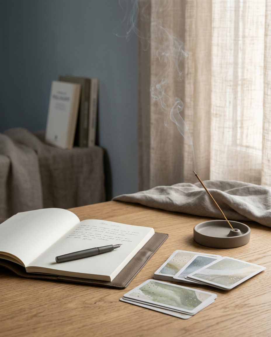 Espace de consultation raffiné avec cartes oracles et carnet