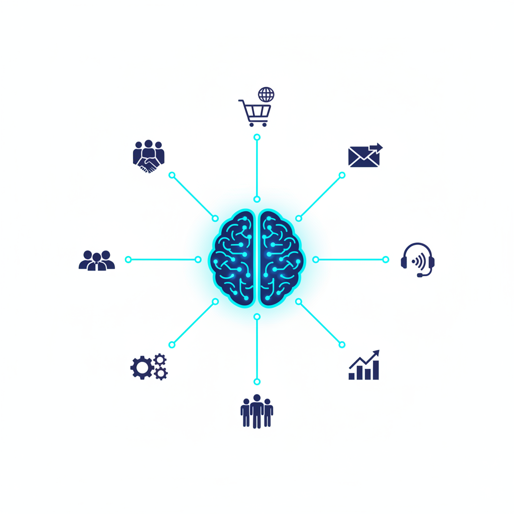 AI-powered hub connecting e-commerce business functions including marketing, customer service, and analytics