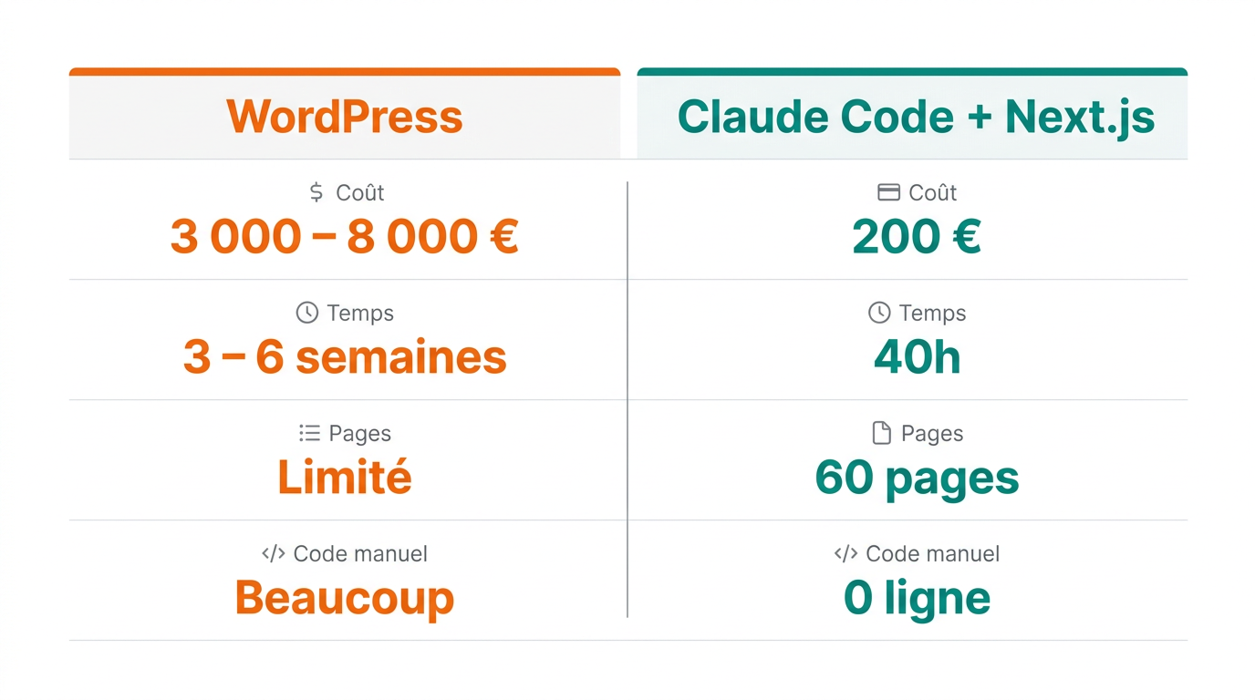Infographie comparant WordPress vs Claude Code + Next.js sur 4 métriques clés
