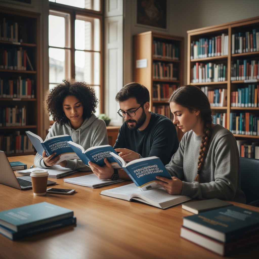 University students reading Periodismo Académico Universitario book