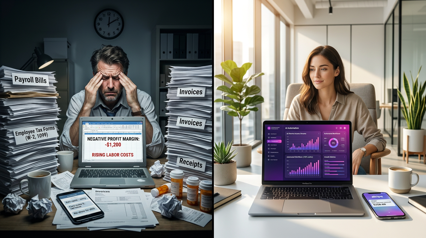 Photorealistic split screen showing frustrated affiliate marketer surrounded by failed ad campaigns and funnel builder subscriptions on left versus successful beginner with AI dashboard cloning profitable funnels automatically earning passive commissions on right