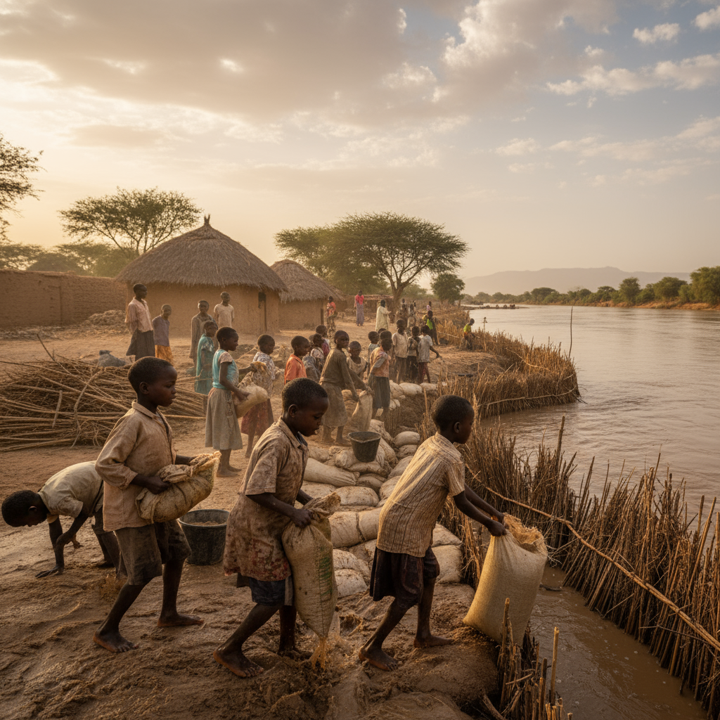 Young Sudanese citizens actively participating in flood protection efforts for their community
