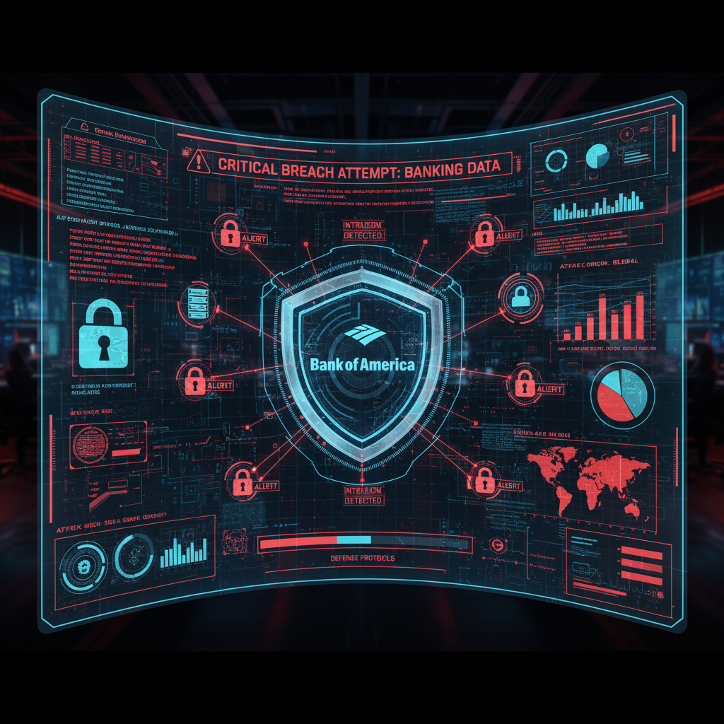 Cybersecurity alert screen showing hacking attempts against Bank of America.