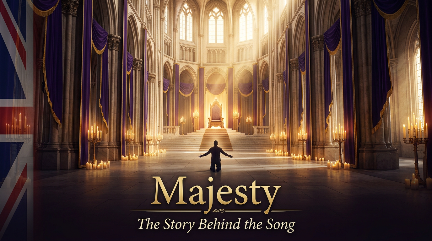 Majesty by Jack Hayford — cinematic royal throne room with kneeling worshipper in golden light, evoking the majesty of Christ the King