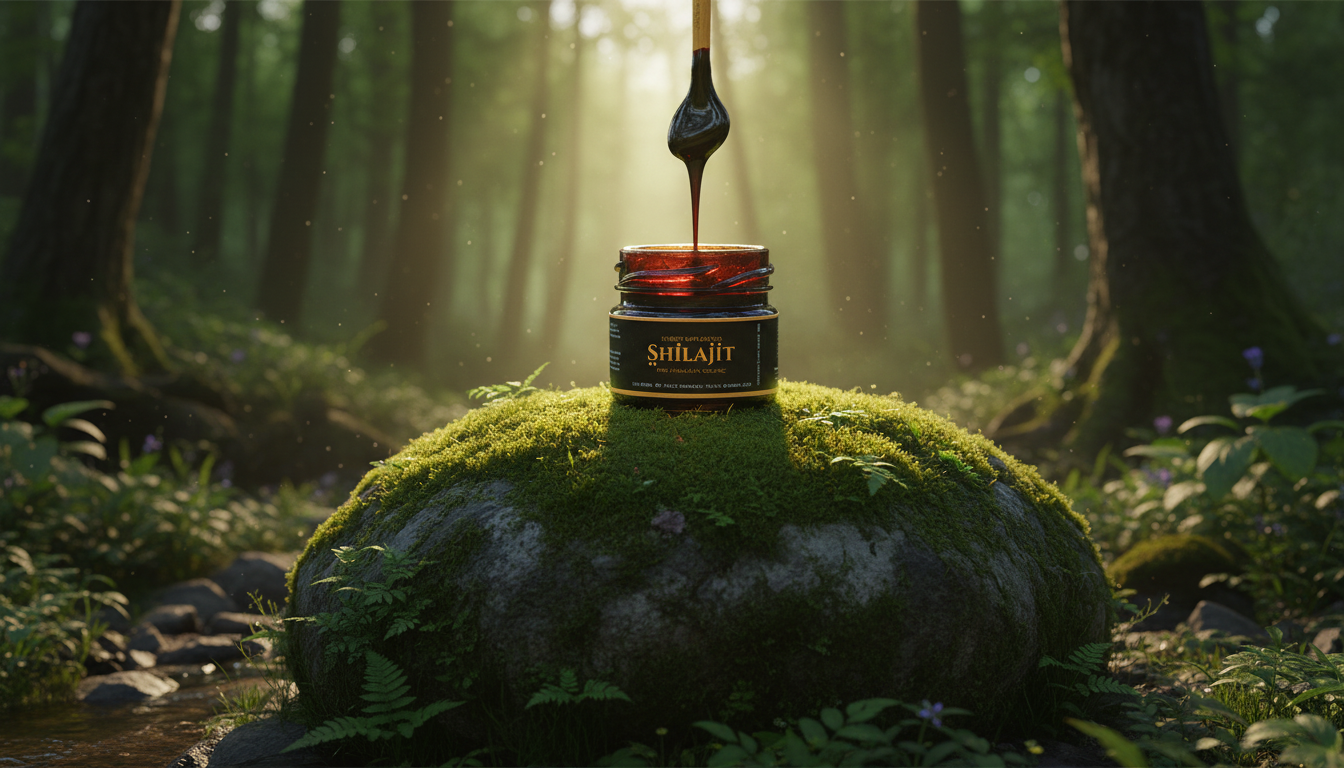 A jar of organic Himalayan Shilajit resin in a lush forest setting