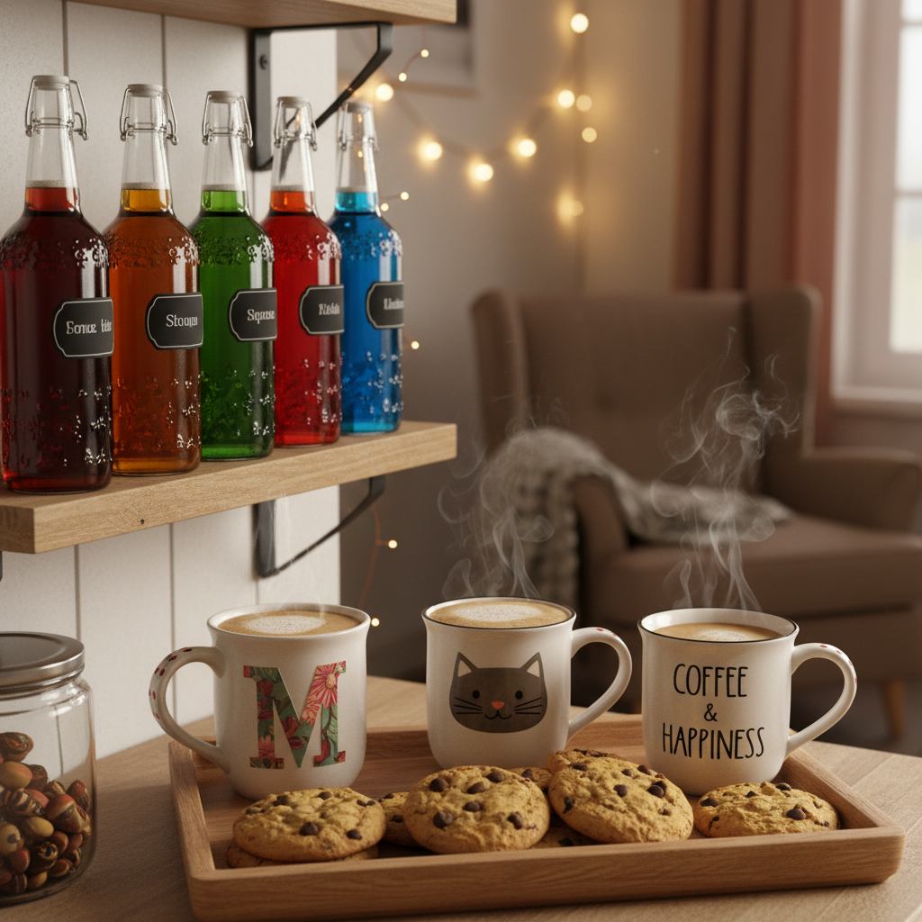 Coffee bar casero con jarabes, galletas y tazas personalizadas.