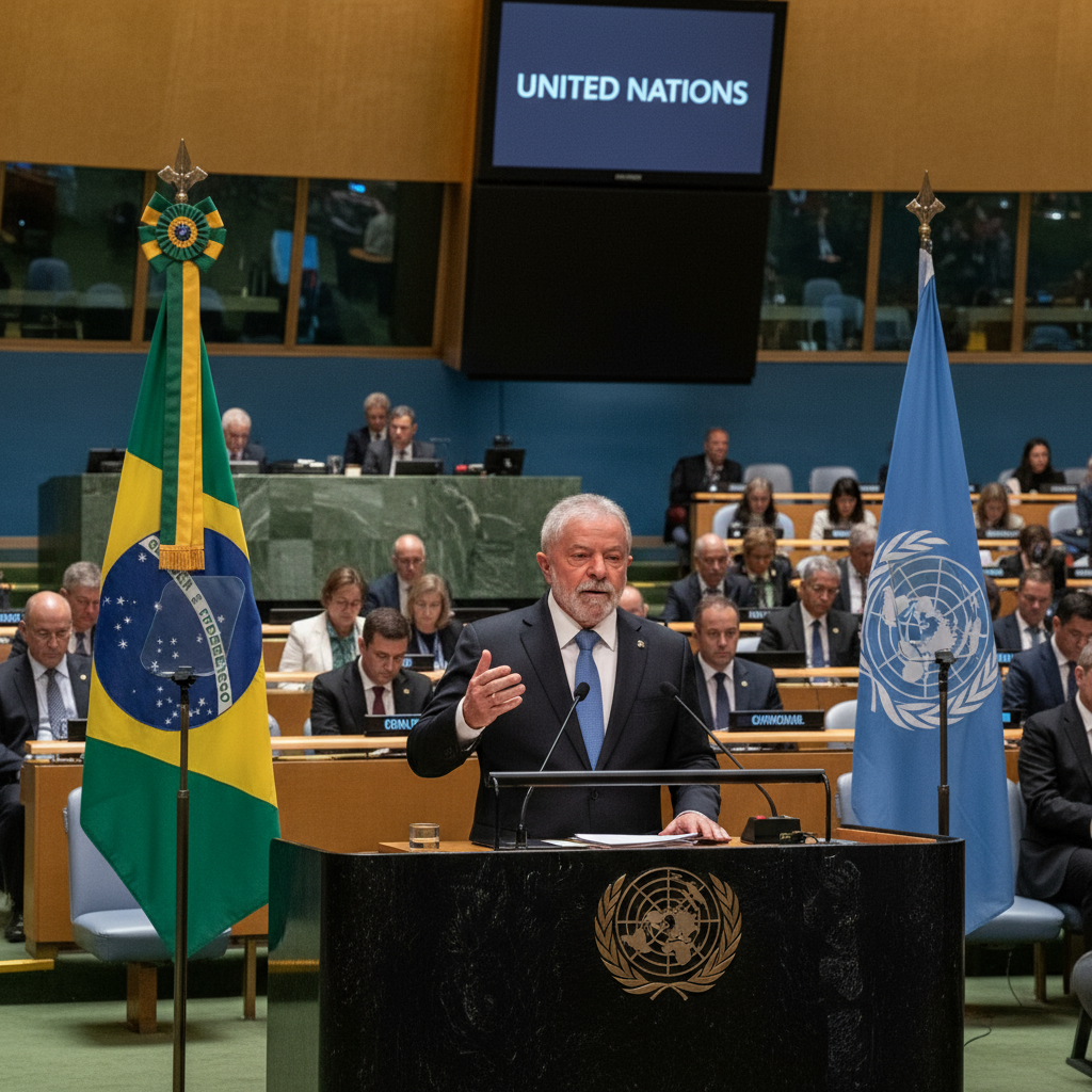 Simple illustration of President Lula delivering his UN General Assembly speech