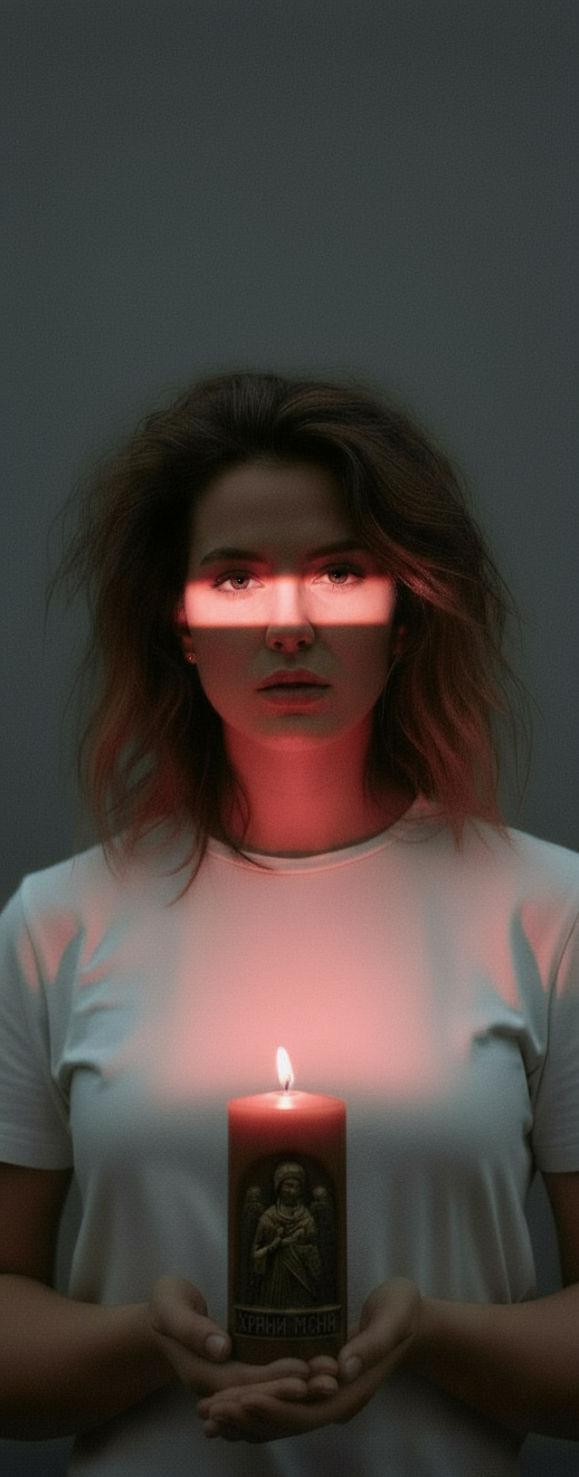 Cinematic portrait with shadowed face, pink light band, holding a candle labeled 'Храни меня'.