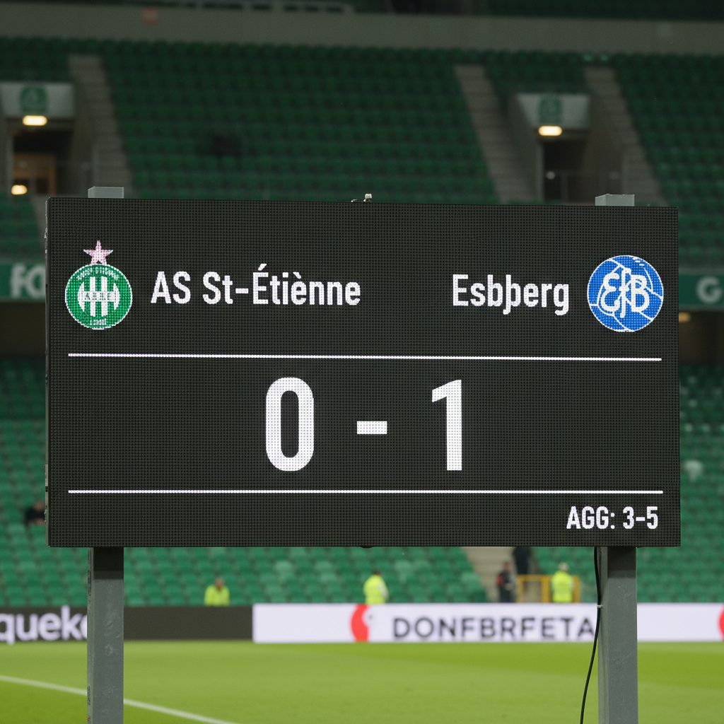 Focieredményjelző AS St-Étienne és Esbjerg feltöltött logókkal, AGG: 3-5