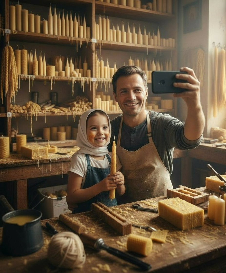 Совместное селфи женщины и мальчика из первой фотографии вместе с мужчиной и девочкой из второй фотографии в свечном цеху.