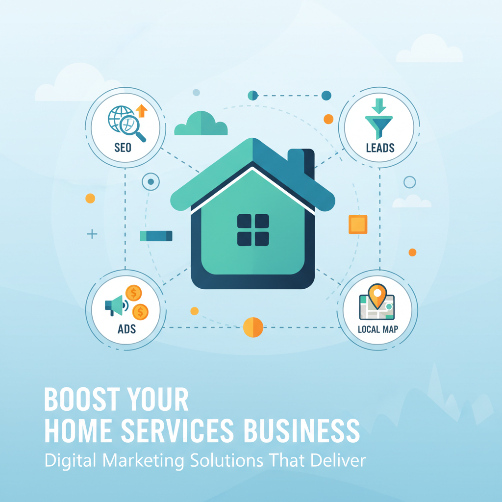 Modern website illustration: digital marketing for home services with SEO, ads, leads, and local map icons.
