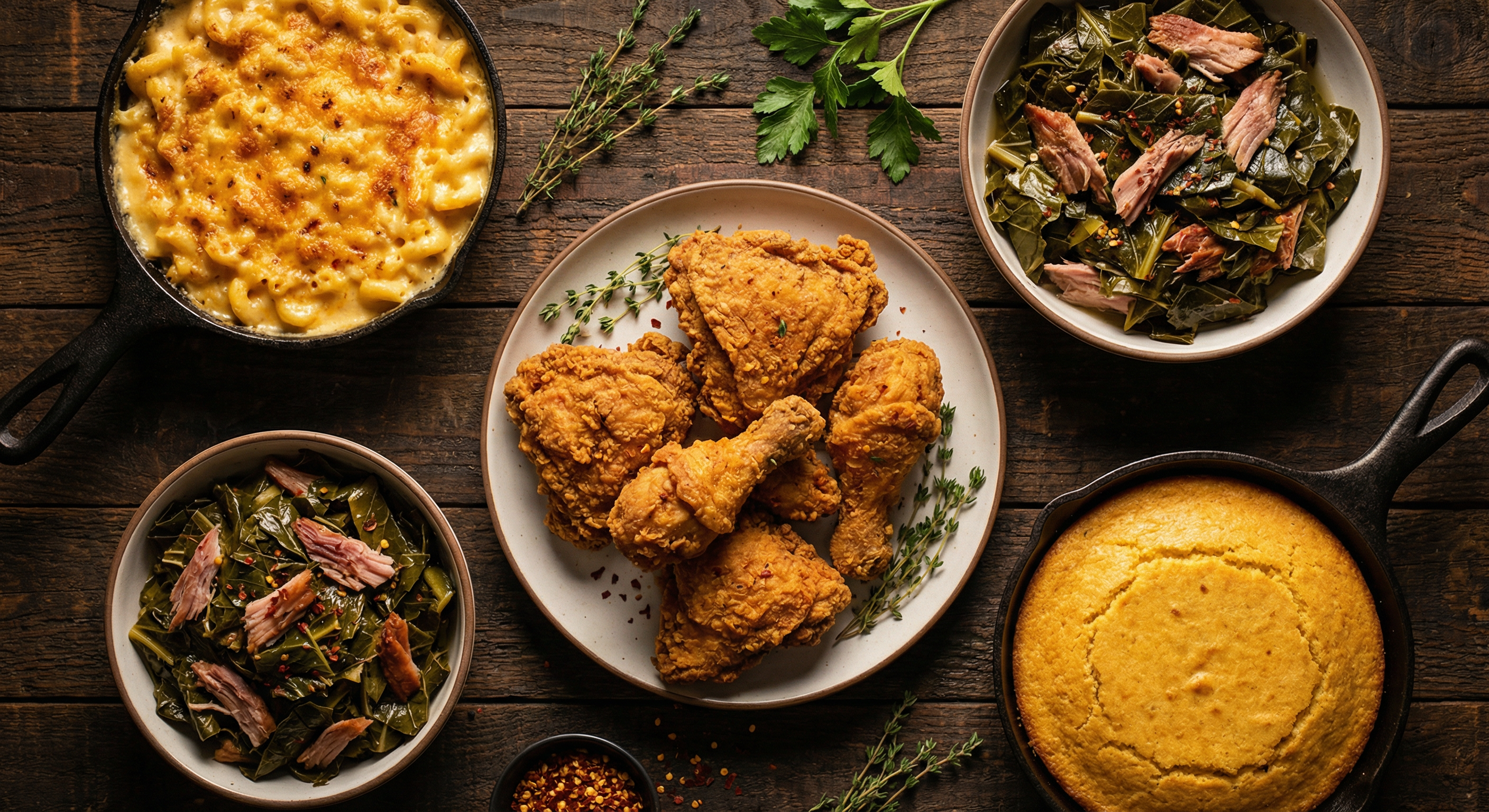 Soul food dishes: fried chicken, mac and cheese, collard greens, cornbread