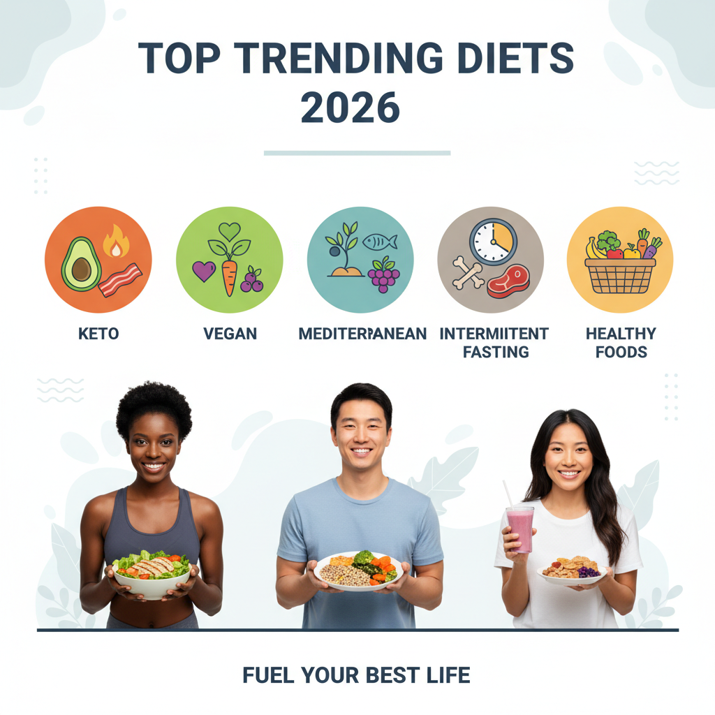 Infographic illustrating top trending diets of 2026 with icons and diverse people.