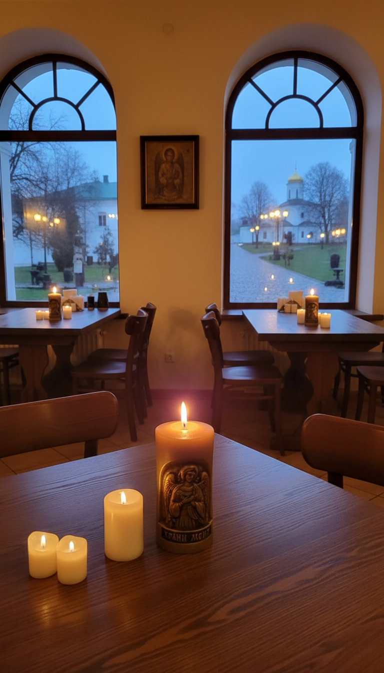 Кафе в Троице Сергиевой Лавре: вечер, деревянная мебель, свечи с надписью «Храни меня»