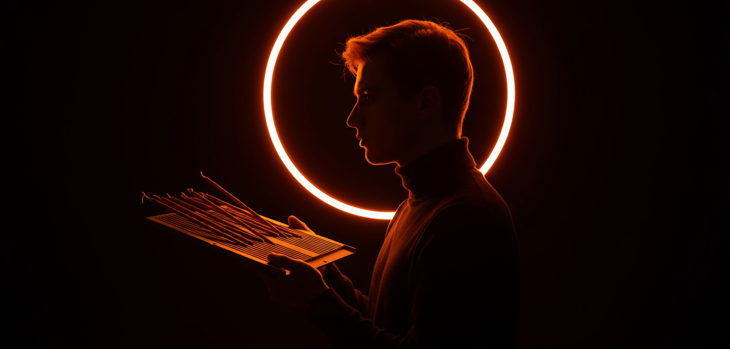 Cinematic portrait of young man with candle mold, dramatic lighting.