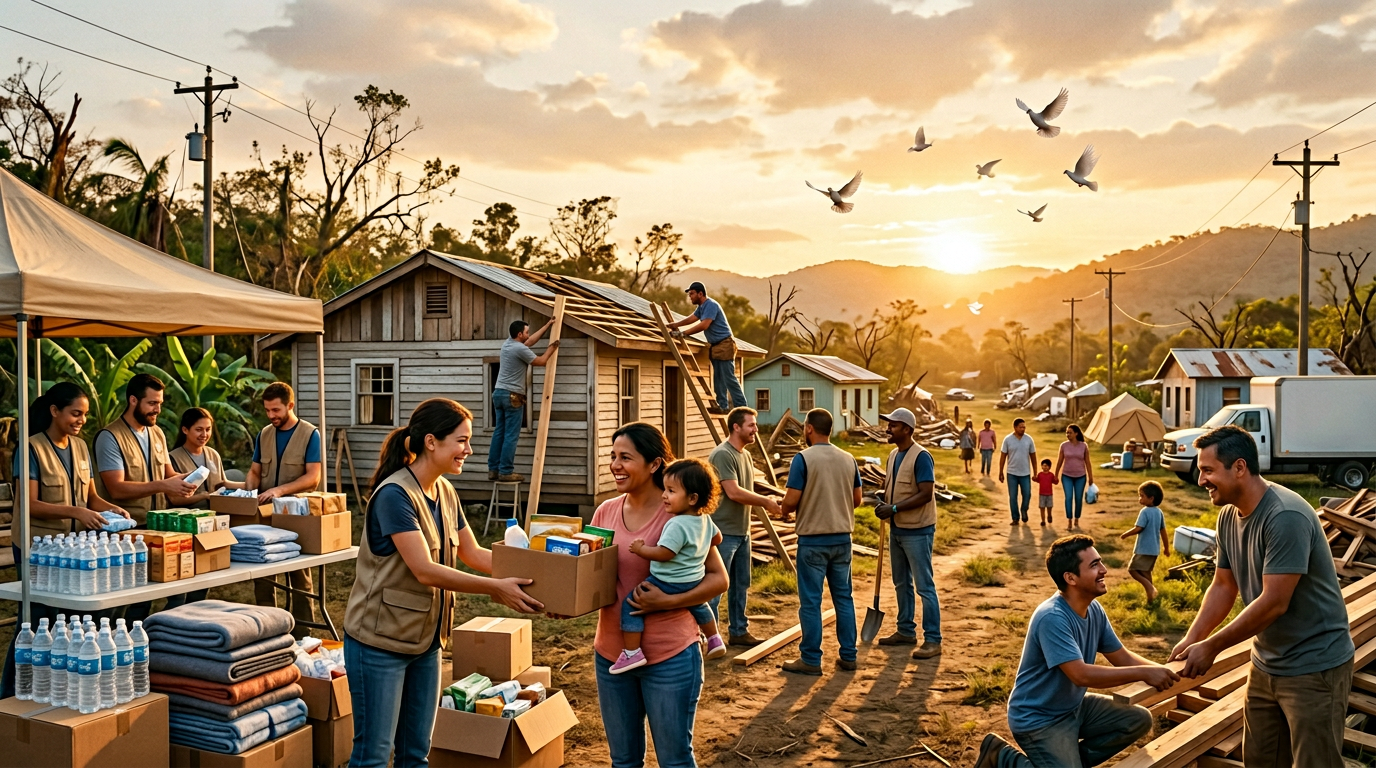 Volunteers helping families recover after disaster in a scene of hardship and hope