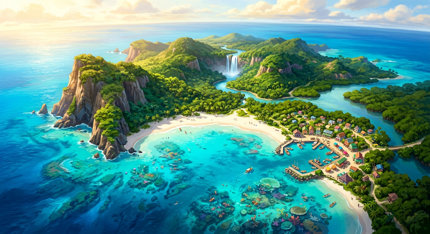 Aerial view of Tide Breaker Island showing lush green cliffs, turquoise lagoon, sandy beaches, and coral reefs