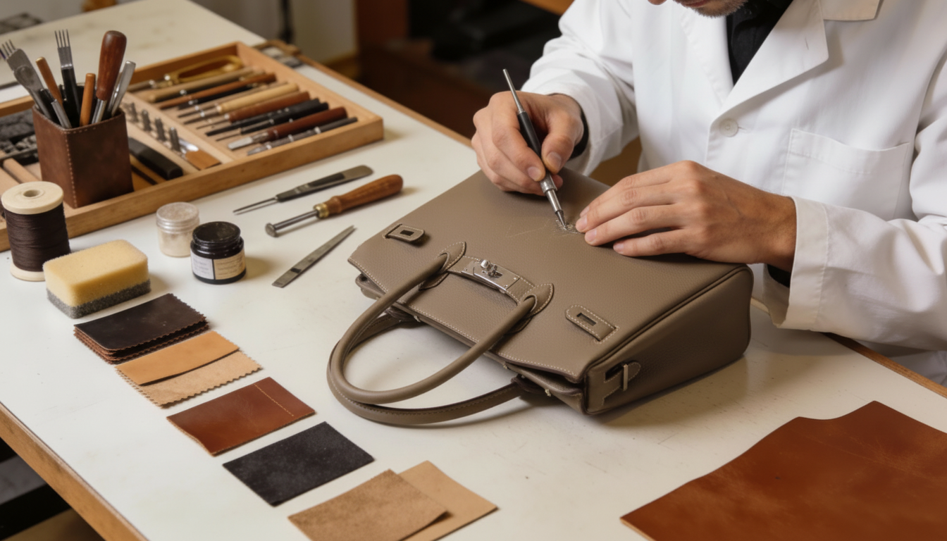 Banner of craftsperson in white coat repairing a Birkin-style luxury handbag, no logos