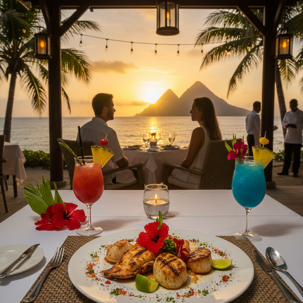 Romantic sunset dining experience at a St. Lucian all-inclusive resort