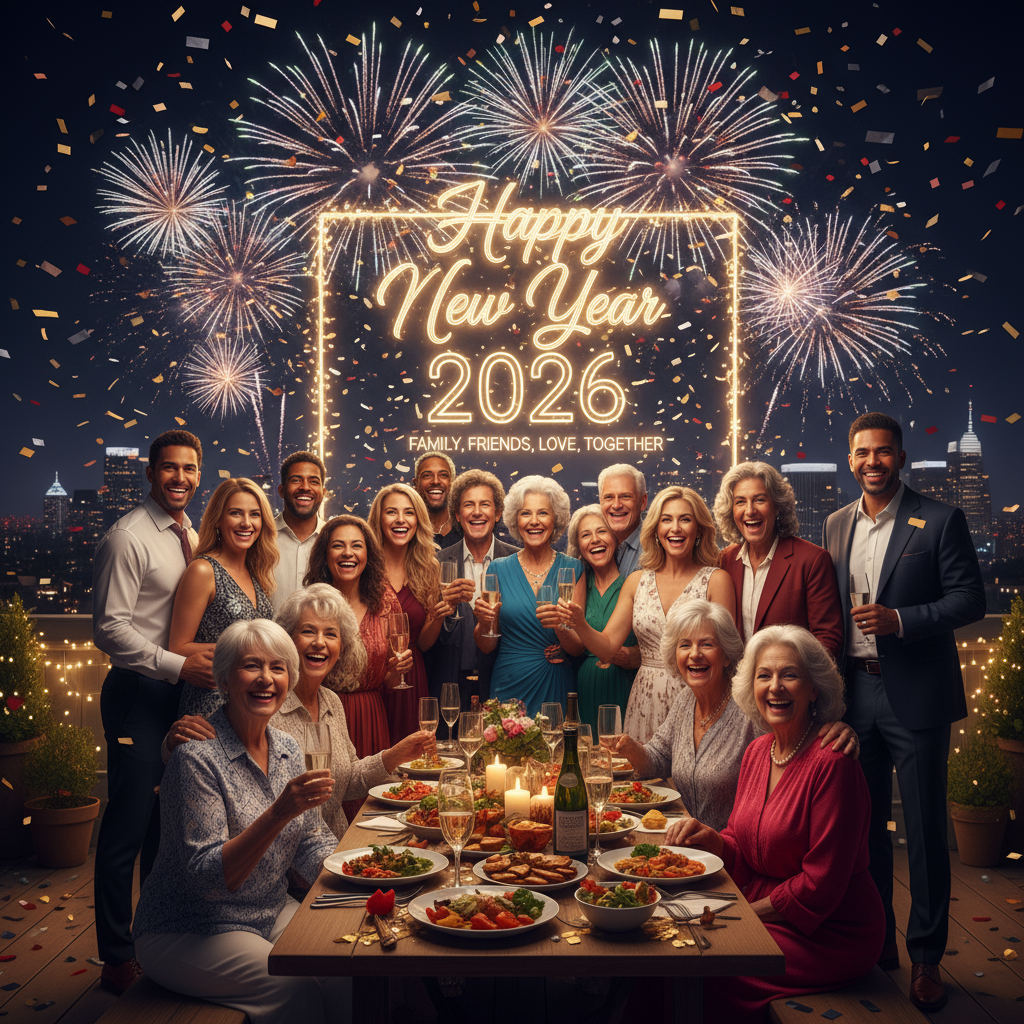 Family and friends love Happy New Year 2026 celebration together