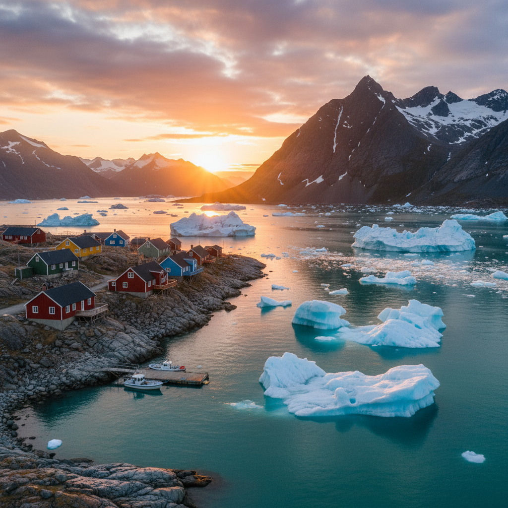 Traditional Greenlandic homes nestled along an iceberg-filled fjord at sunset