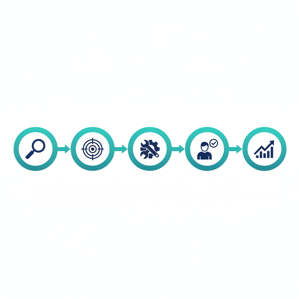 Five-step AI implementation process showing assessment, identification, implementation, training, and scaling phases