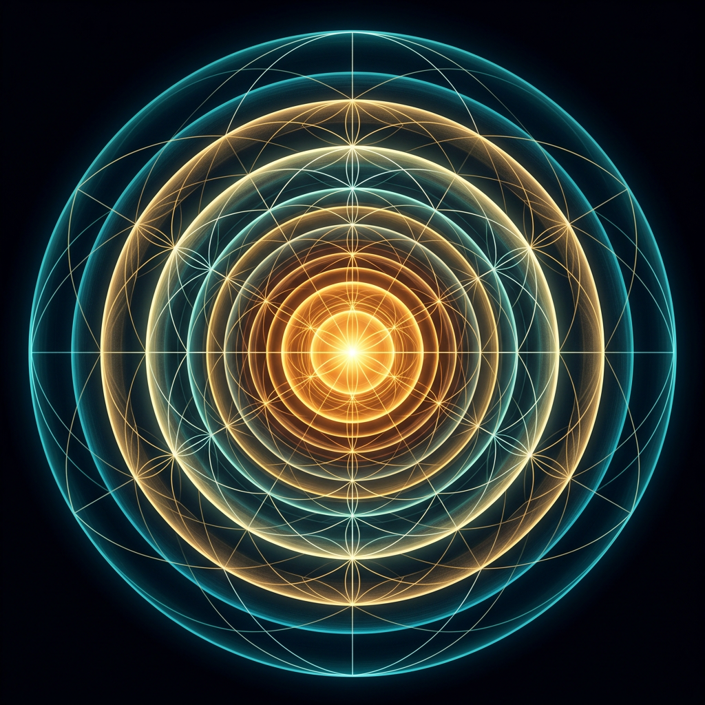 Abstract illustration of the Vril cosmic energy field — concentric spheres radiating from a central point