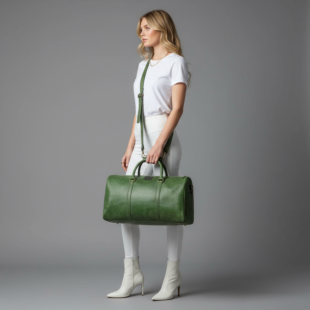 Realistic model in top and white leggings, holding green leather duffle bag, urban-casual style.