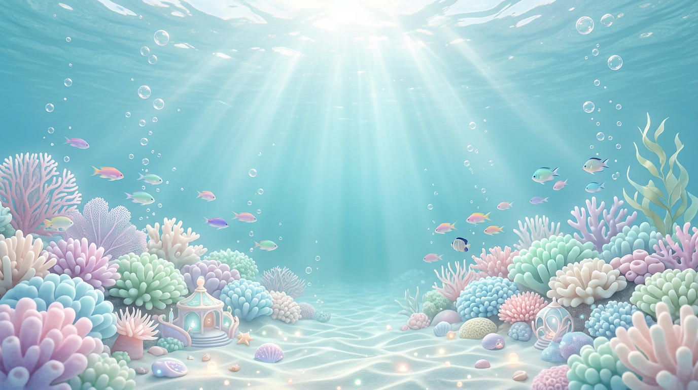 Soft underwater scene with sunlight, coral, and peaceful ocean colors
