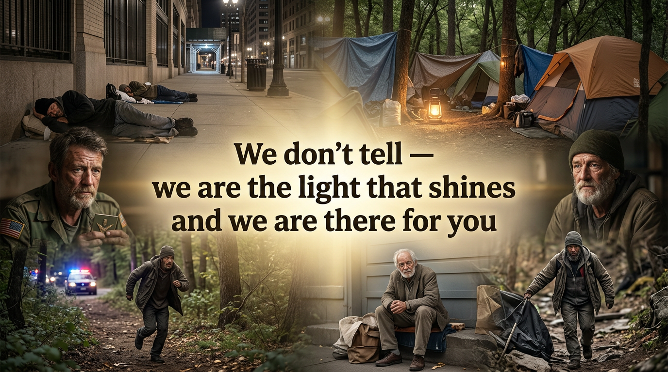 Collage showing homelessness in the woods and city with a central message of hope