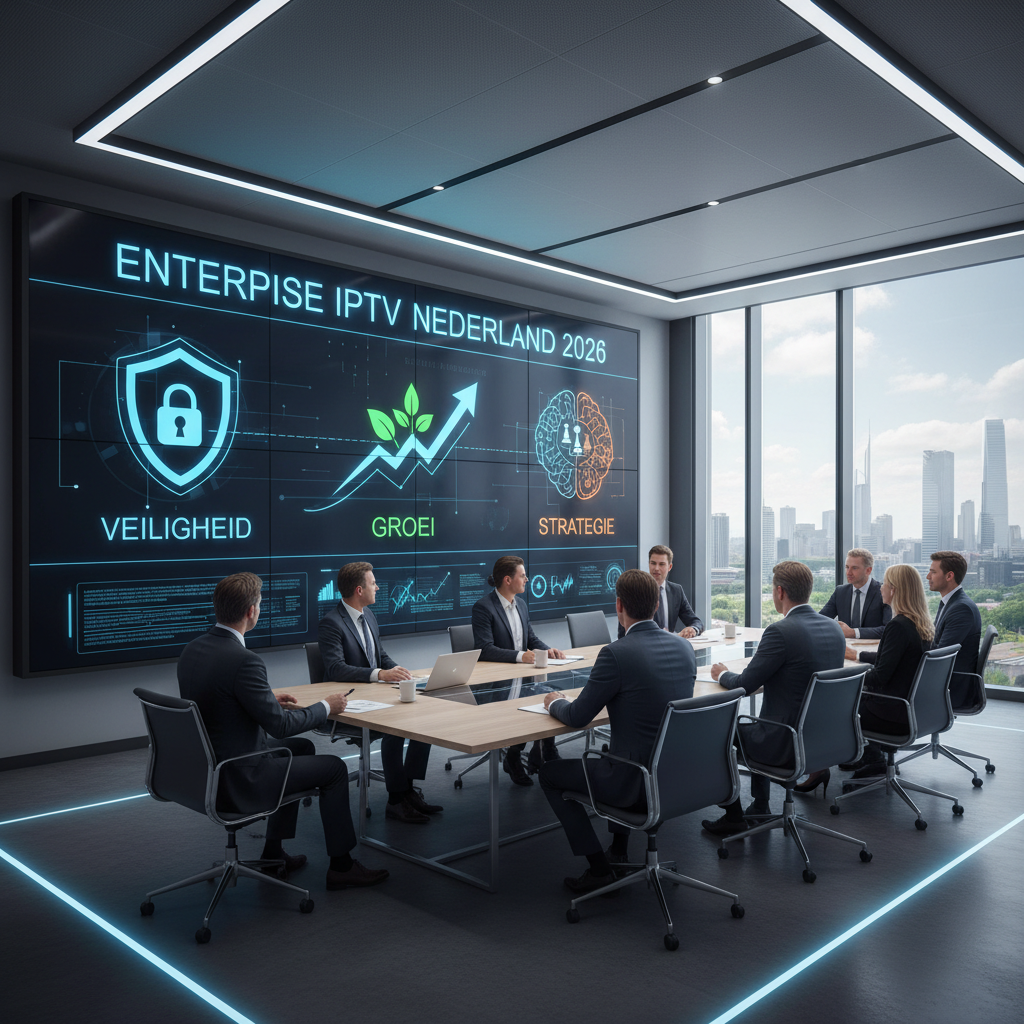 Enterprise IPTV Nederland 2026, boardroom met moderne smart tv-wand, zakelijke uitstraling en focus op veiligheid en groei