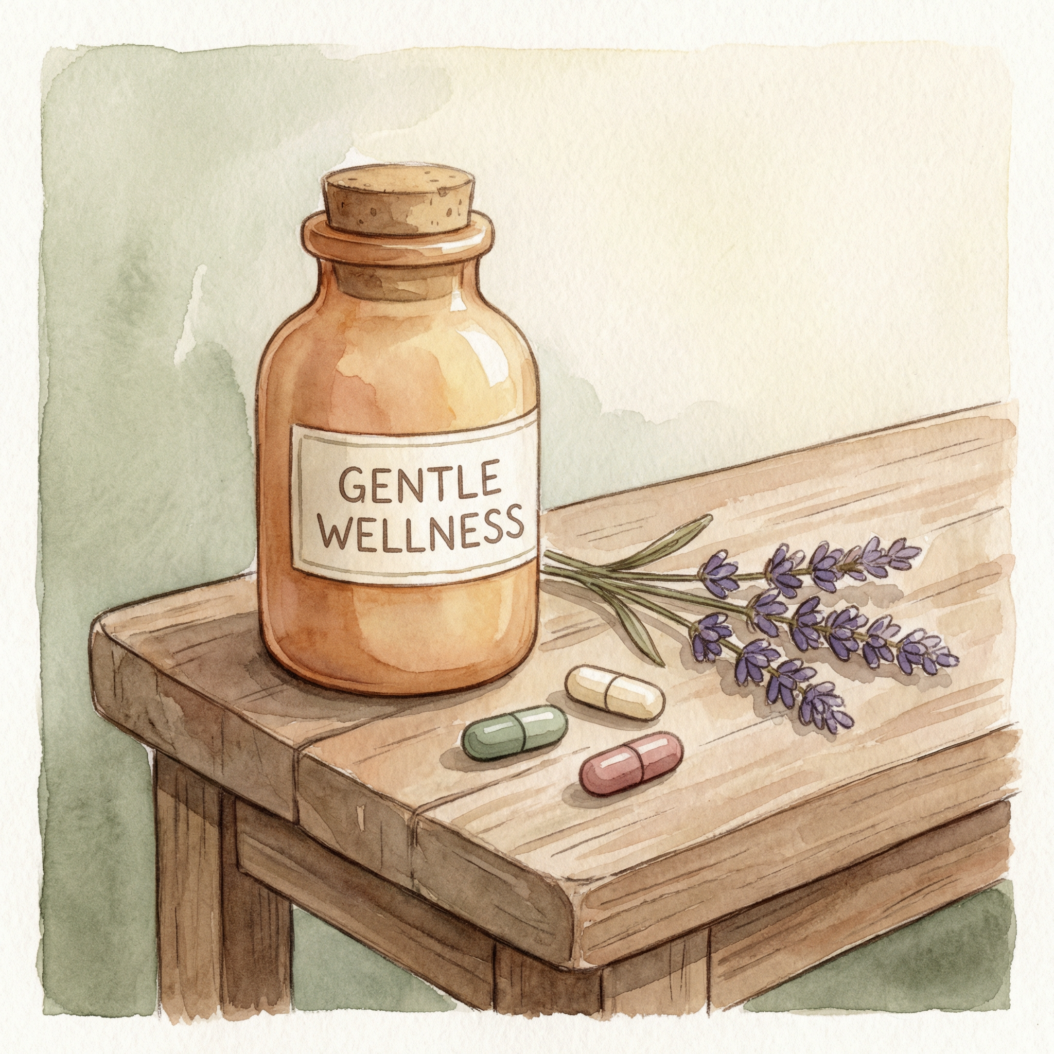 Soft illustration of comfort medications on a wooden surface with lavender
