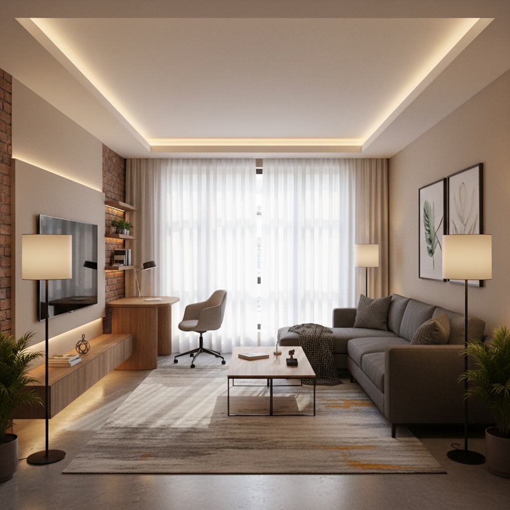 Departamento de soltero con iluminación moderna y ambiente cálido