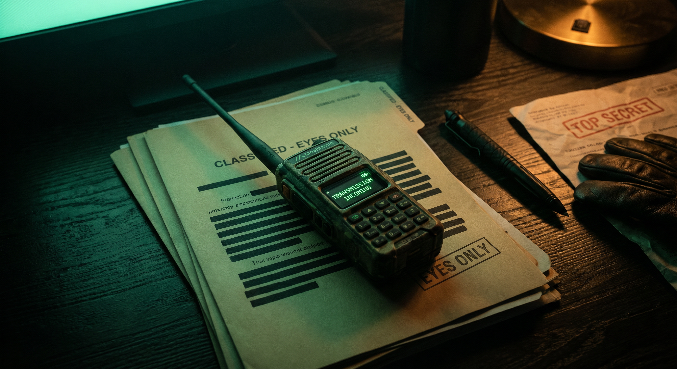 A custom Meshtastic field radio device resting on classified documents, glowing with an incoming transmission
