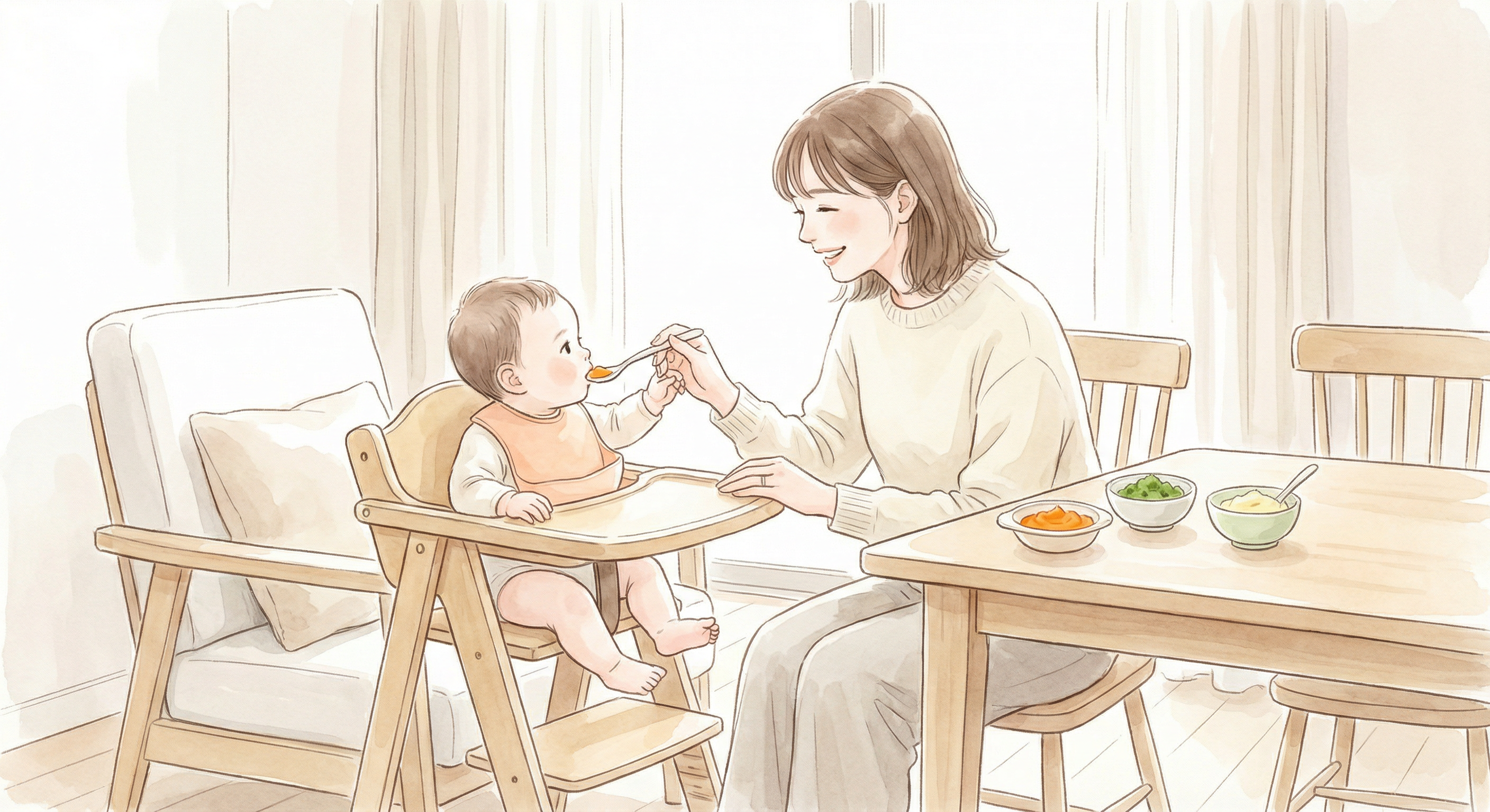 Мама годує немовля першим прикормом