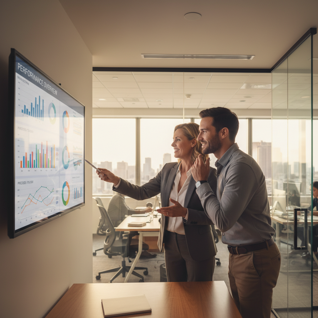 Manager coaching an employee on AI system performance and analytics