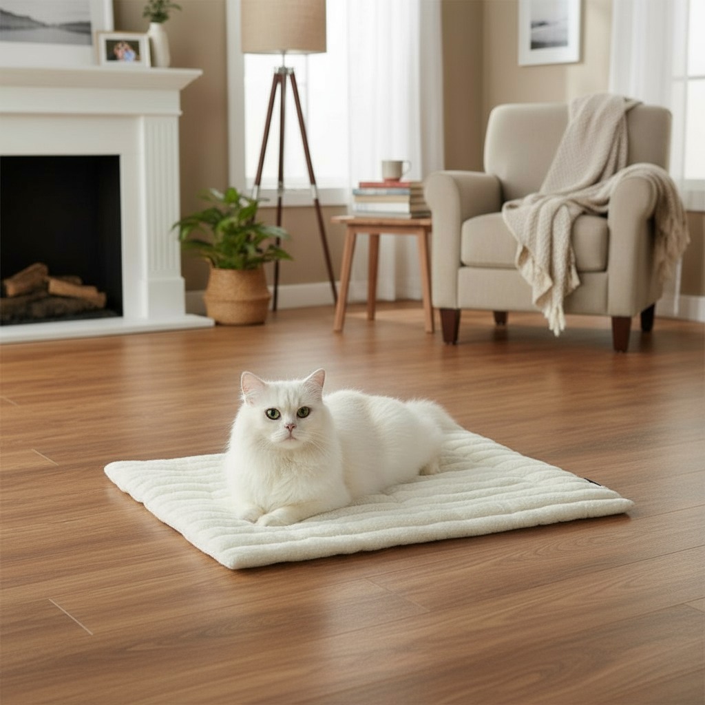 White cat on white quilted thermal pet blanket without carpet underneath, cozy living room, square format, no text.