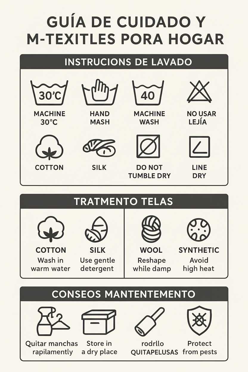 Guía de cuidado y mantenimiento de textiles para el hogar en español.