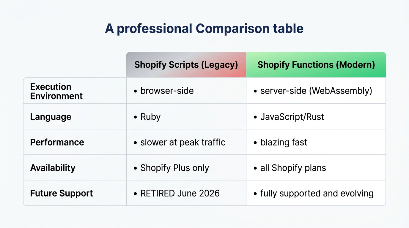 Legacy Scripts versus Shopify Functions comparison: execution, language, performance, availability
