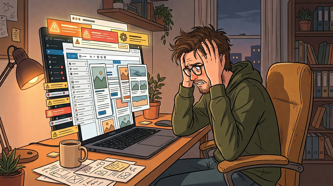 Freelance frustré devant un dashboard WordPress en désordre