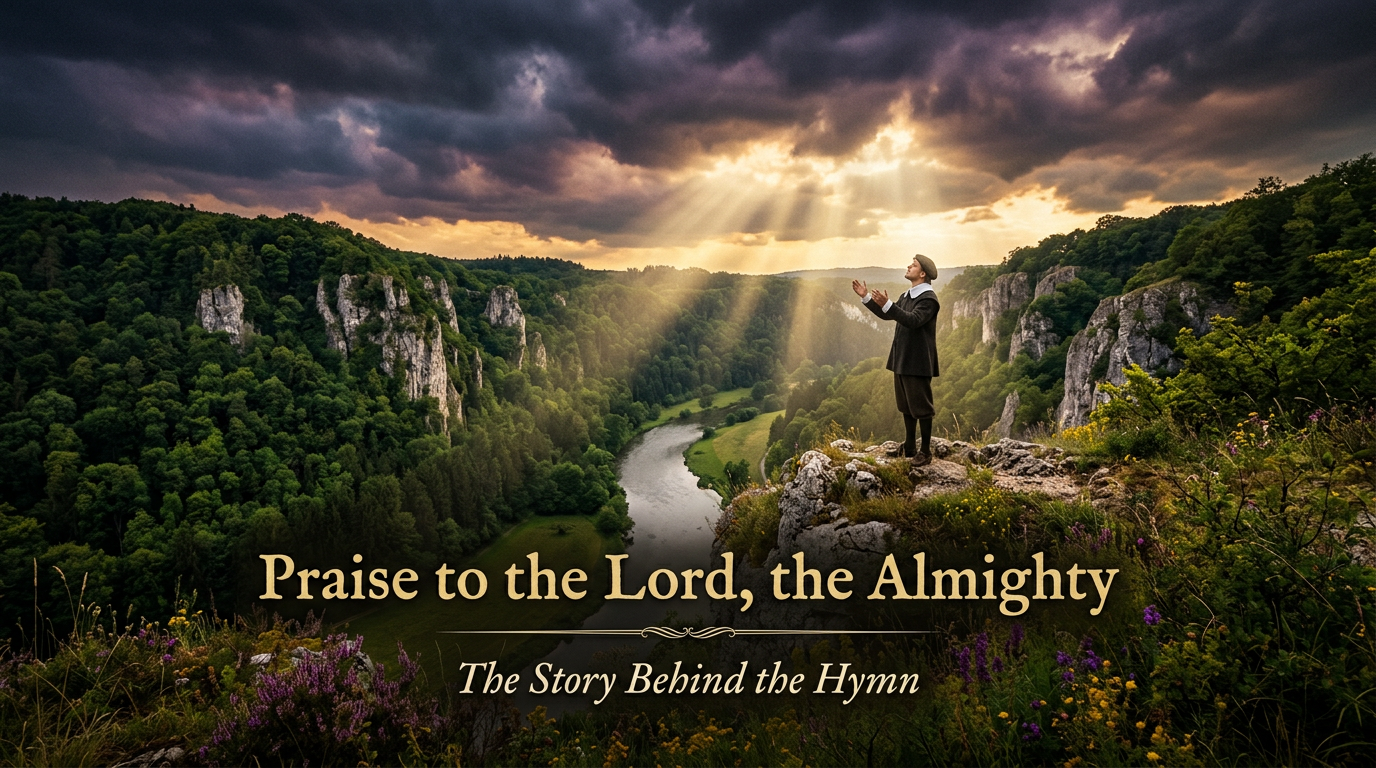 Praise to the Lord the Almighty - cinematic image of the Neander Valley Germany with lone worshipper in divine light representing Joachim Neander's 1680 hymn