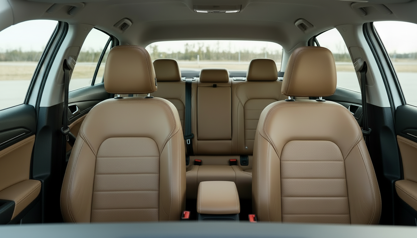 Interior do carro com revestimento em couro premium, mostrando bancos, painel, portas e detalhes de costura