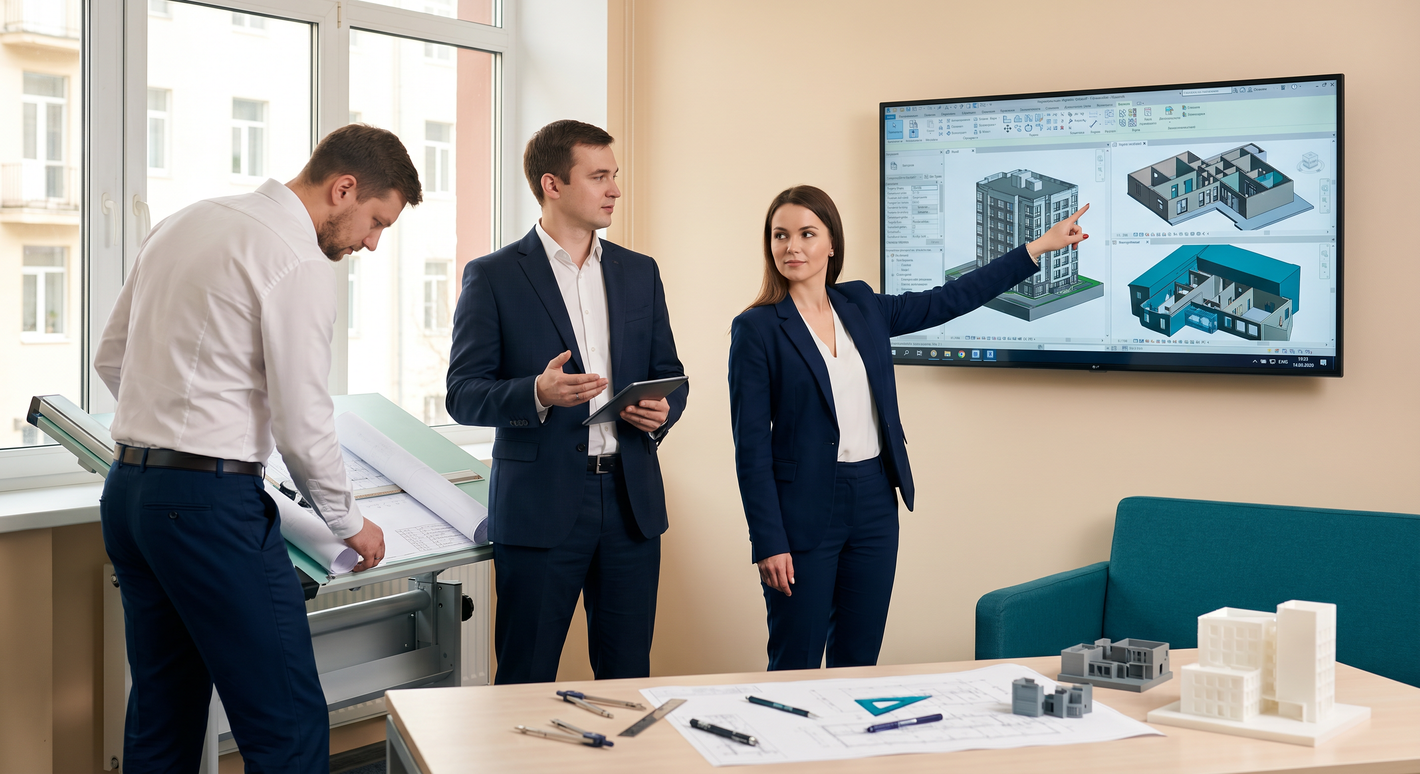 Преподаватель ГИП разбирает проектную документацию с командой